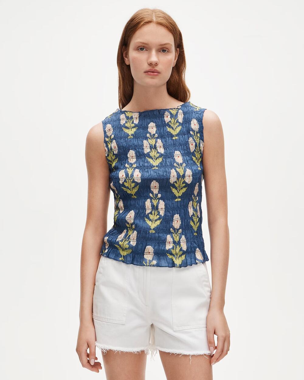 J. Crew Marigold Block-Print Ramie Sleeveless Smocked Shell Blouse Blue Medium